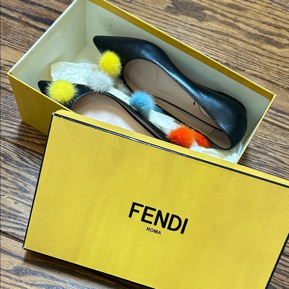Fendi Black Heels with Multicolor Pom Poms